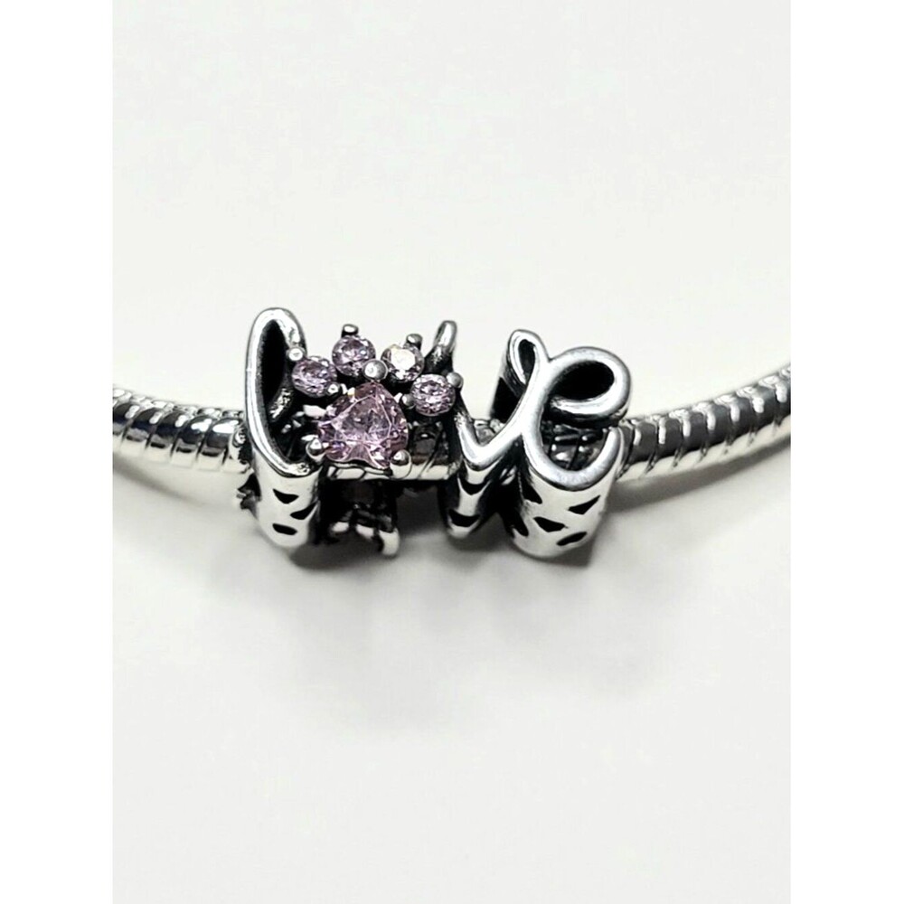 NWT For Pandora Charm Bracelets Dog Paw Cat Paw LOVE Silver With Pink Crystals